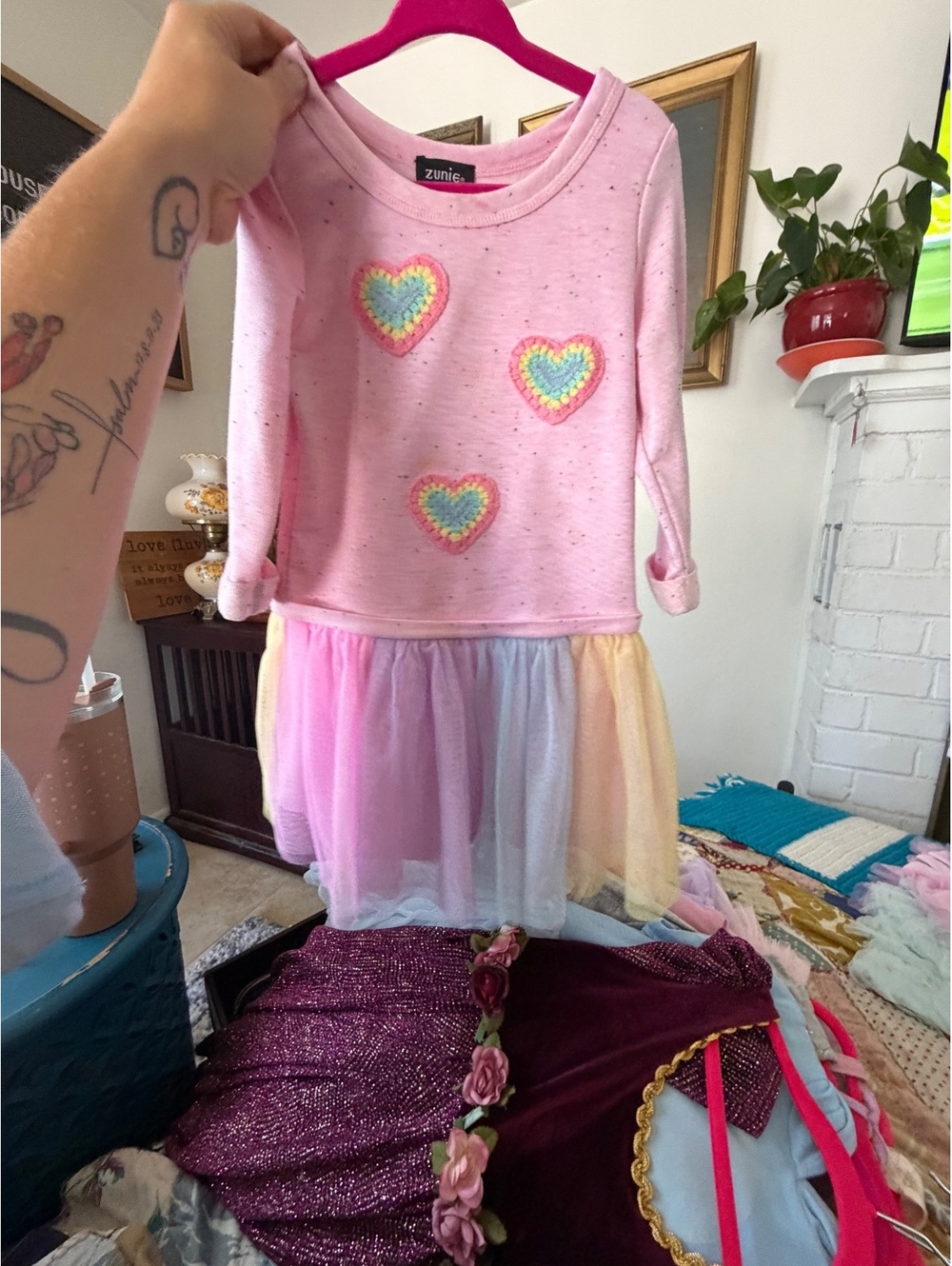 Zunie Girls Pink Rainbow Heart Dress with Tulle Skirt